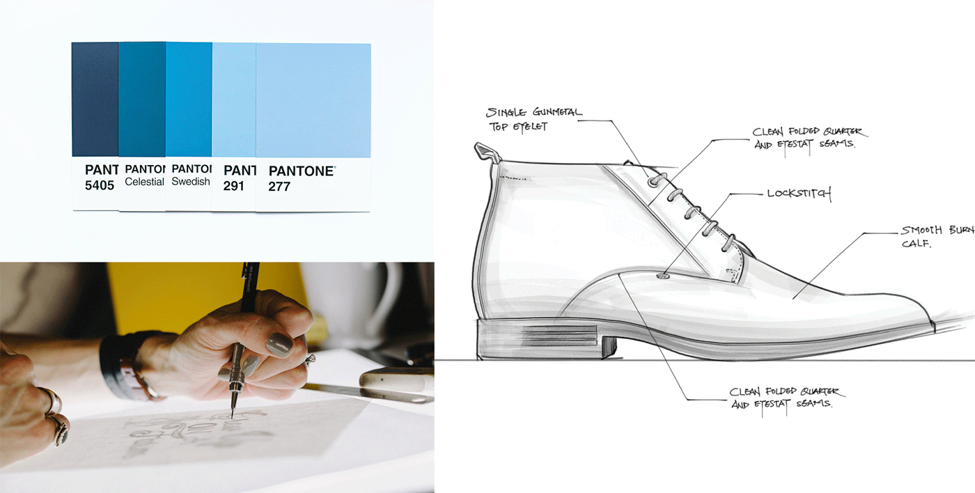 Color references, a hand drawing and an annotated footwear sketch