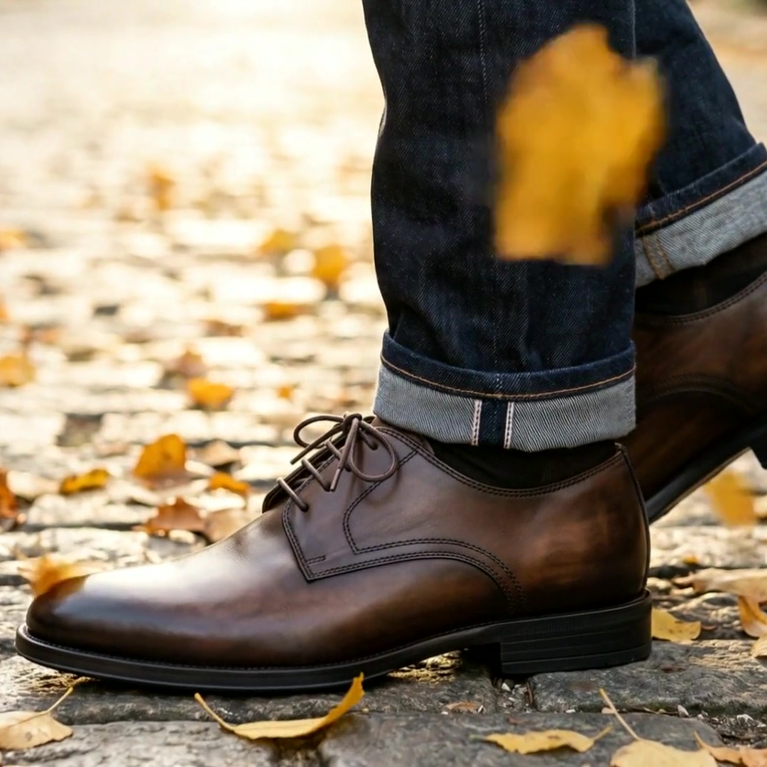 A brown Whitmore derby worn on a street of fallen leaves